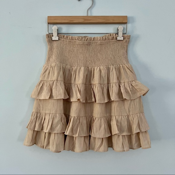 Anthropologie Free the Roses Tan Tiered Ruffle Smocked Waist Boho Mini Skirt - Picture 2 of 5